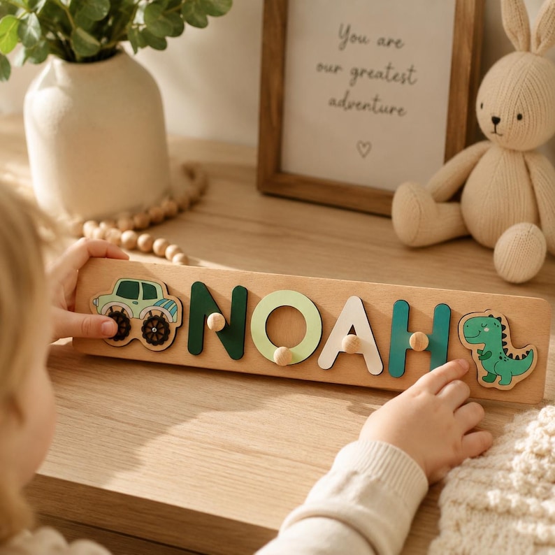 May include: Wooden name puzzle spelling "NOAH" with a green monster truck and a green dinosaur. The letters are in various shades of green and white. The puzzle is on a light wood base.