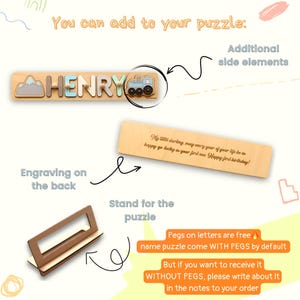 May include: Wooden name puzzle featuring the name "HENRY" in blue, grey, and white letters, with mountain and train side elements. Includes a stand and a wooden piece with engraved text. The puzzle comes with pegs by default.