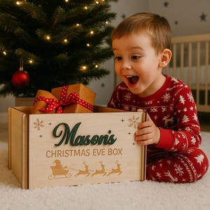 Personalised Christmas Eve Box, Wooden Name Keepsake Box for Kids & Family