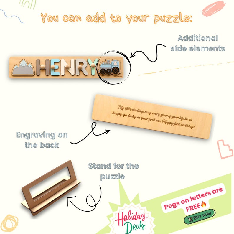 May include: Wooden puzzle spelling "HENRY" with a mountain and train accent. Includes a wooden stand, a wooden piece with engraved text, and the text "You can add to your puzzle:" and "Holiday Deals".