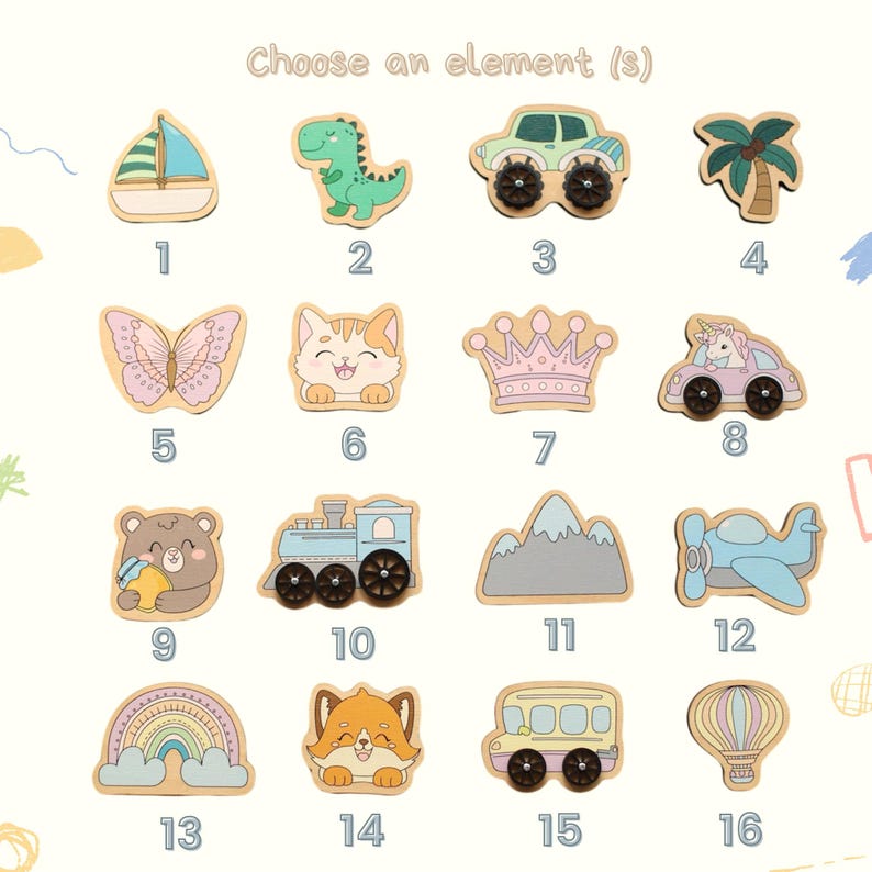 May include: A set of 16 wooden cutouts featuring various illustrations, including a sailboat, dinosaur, car, palm tree, butterfly, cat, crown, unicorn, bear, train, mountain, airplane, rainbow, fox, school bus, and hot air balloon. Each cutout is numbered 1 through 16.