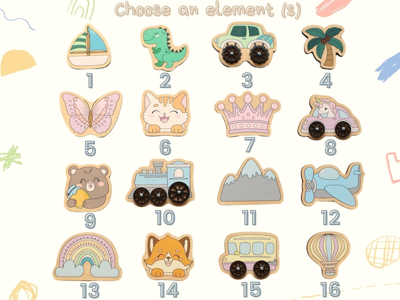 May include: Wooden puzzle pieces in various shapes, including a sailboat, dinosaur, car, palm tree, butterfly, cat, crown, unicorn car, bear, train, mountains, airplane, rainbow, fox, school bus, and hot air balloon. The text "Choose an element(s)" is at the top.