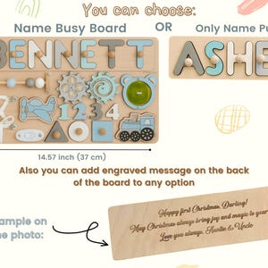 Op de afbeelding: Houten naam drukke bord- en puzzelopties. Het drukke bord is 23 cm hoog en 37 cm breed, met de naam "BENNETT" en interactieve elementen. De puzzel toont de naam "ASHER".