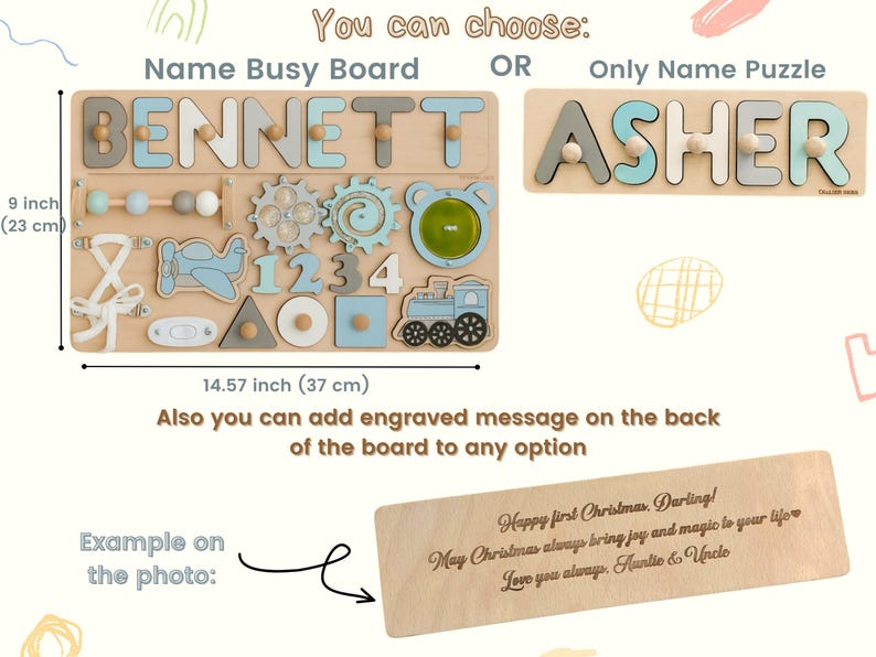 Op de afbeelding: Houten naam drukke bord- en puzzelopties. Het drukke bord is 23 cm hoog en 37 cm breed, met de naam "BENNETT" en interactieve elementen. De puzzel toont de naam "ASHER".