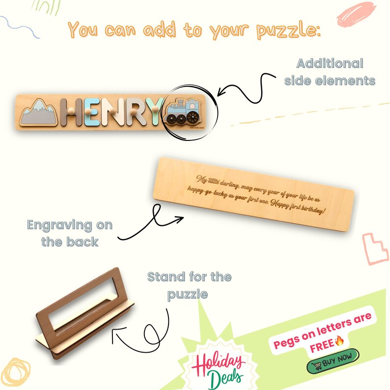 May include: Personalized wooden puzzle with the name "HENRY" in colorful letters, a small train, and mountains. The puzzle is on a wooden stand with an engraved message on the back. The text on the back reads: "My little darling, may every year of your life be as happy-go-lucky as your first one. Happy first birthday!"