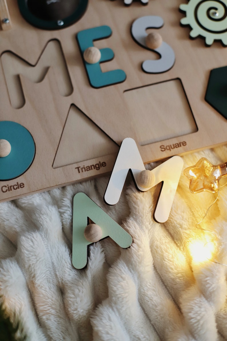 Baby Gift Name Puzzle First Birthday Gift Christmas Baby Gift Wooden Baby Toys Toddler Custom Busy Board image 3