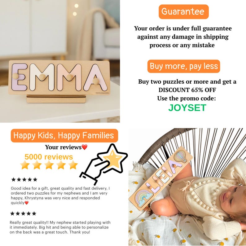 May include: A wooden name puzzle spelling "EMMA" in pastel shades, displayed on a light surface. Another puzzle with the name "LIEIA" is also shown. The image includes text about a guarantee and a discount offer.