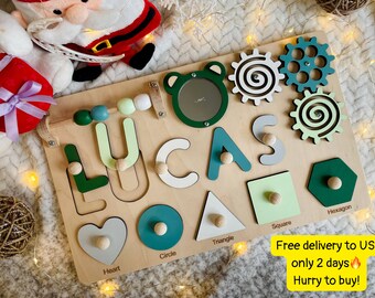 Name Puzzle 1st Christmas Gift Personalized Busy Board Baby Gift First Birthday Baby Boy Girl Toddler Custom Wooden Puzzle