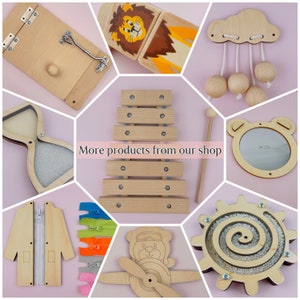 Puede incluir: Una colecci&oacute;n de juguetes de madera para ni&ntilde;os, que incluye un xil&oacute;fono, un m&oacute;vil de nube, una actividad de cremallera, un juguete de apilar de le&oacute;n, un juguete de avi&oacute;n piloto de oso, un laberinto de cuentas y un reloj de arena. M&aacute;s productos de nuestra tienda.