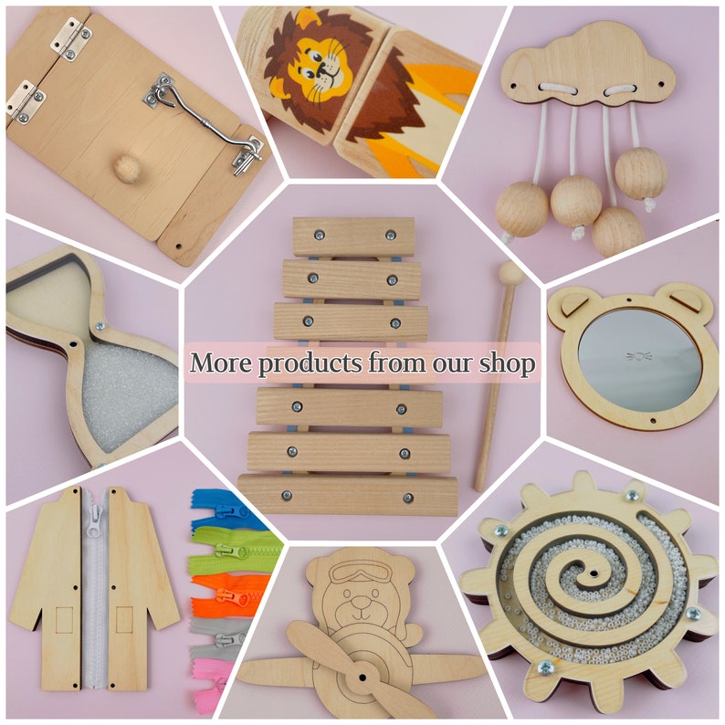 Puede incluir: Una colecci&oacute;n de juguetes de madera para ni&ntilde;os, que incluye un xil&oacute;fono, un m&oacute;vil de nube, una actividad de cremallera, un juguete de apilar de le&oacute;n, un juguete de avi&oacute;n piloto de oso, un laberinto de cuentas y un reloj de arena. M&aacute;s productos de nuestra tienda.
