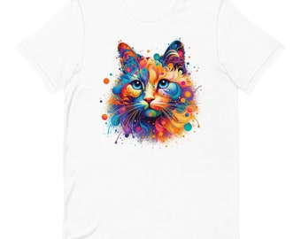 May include: A colorful abstract cat illustration with a white background. The cat's fur is a mix of blue, green, orange, yellow, and purple. The cat's eyes are blue.