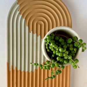 May include: A light brown and white concrete tray with a wavy design. The tray is shaped like an arch and has a small plant in a white pot sitting on top of it.