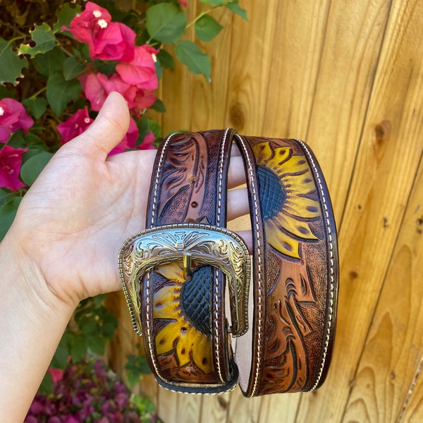 Western floral leather belt, sunflower belt