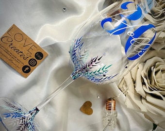 Hand Painted Personalised gin/wine in blues, purple and silver leaf pattern with diamontes. 18th, 21st, 30th, 40th, 50th, 60th, 70th,