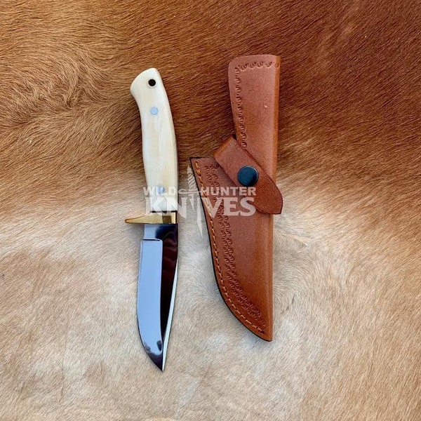 Hand Forged D2 Steel Hunting / skinning Knife With Camel Bone Comfortable Handle W Leather Sheath Included, Best gift For your Father