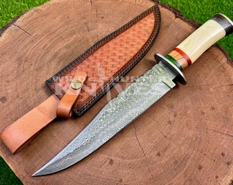 Handmade Damascus knife, full tang knife, Bowie knife, hunting knife, outdoor knife, knife with sheath, personalized gift, best gift for men