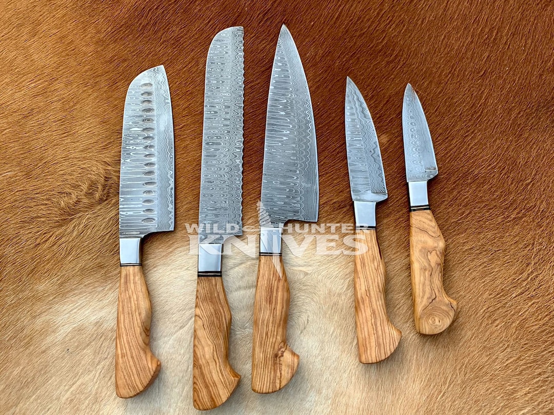 Damascus Chef Knife Set With Leather Roll Kit, 5 Pieces Set , Cow Wood  Handle, Collectible Knife, Gift for Him, Birthday Gift for Him Her 