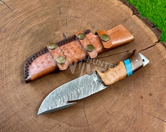 Full tang Handmade Damascus Gut Hook Knife, Hunting Knife, Everyday Carry Knife, Knife With Sheath, Personalised Gift, Gift For Husband,
