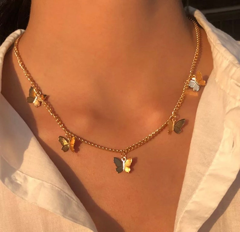 Gold Silver Chain Butterfly Pendant Choker Necklace  | Butterfly Lovers Gift | Childrens Jewellery | Silver Butterfly Necklace with Stars 