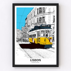 Pode incluir: Uma ilustração em preto e branco de um elétrico amarelo a viajar por uma rua em Lisboa, Portugal. O elétrico está identificado como "Carris" e "28". O texto "LISBOA, PORTUGAL" está na parte inferior da imagem.