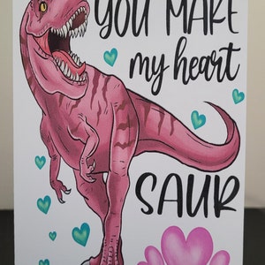 Tu fais ma carte de Saint-Valentin Saur Saur, vierge à l’intérieur, T-Rex, Dinosaure, Dino, Bleu, Cœurs. Rose