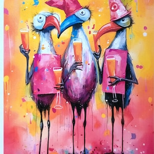 Élevez votre carte de Noël esprit de vacances, vierge à l’intérieur, oiseaux, lunettes, chapeaux de fête, jaune, rose blanc, bleu, vacances, esprits