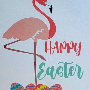 Joyeuses Pâques Flamingo Card, Blank Inside, Flamingo, Pâques, Oeufs, Oiseau, Vert, Rose, bleu, Jaune, Violet
