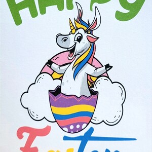 Carte licorne Joyeuses Pâques, Vierge à l’intérieur, Arc-en-ciel, Nuage, Licorne, Vert, Rose, Jaune, Bleu, Heureux