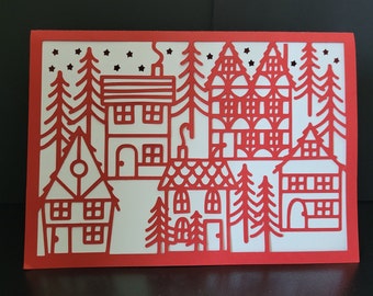 Alpine Village Christmas Card, Blank Inside, Christmas, Red, Houses, Trees, Snow, Alps, Stars