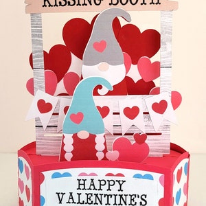 Carte pop-up 3D Gnome Kissing Booth, valentine, Rouge, Baiser, Gnomes