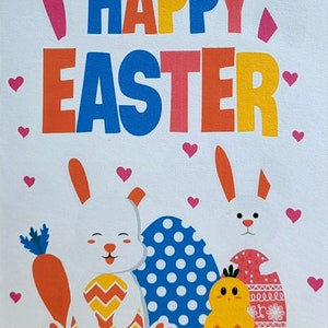 Joyeuses Pâques, Vide à l'intérieur, Pâques, Lapin, Poussin, Oeufs, Carotte, Bleu, Blanc, Jaune, Coeurs, Rose,