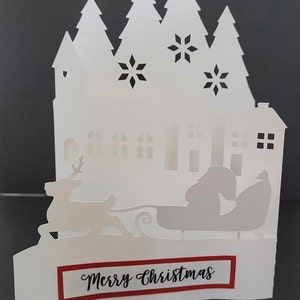 Merry Christmas Santa, Snowman or Truck Scene Card, Blank On The Back, Santa, Sleigh, Reindeer, Trees, Houses, Snowflakes, Snowman, Truck