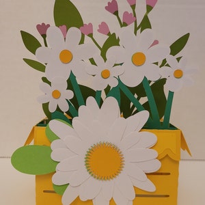 Spring Flower Box 3D Pop-up, Blank, Tulips, Daisys, Green, White, Pink, Yellow Flowers Garden Box, Cadeau, Ami, Famille, Être cher