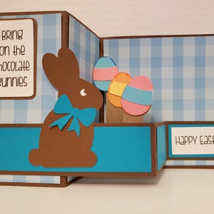 Carte de lapin pop-up en chocolat, vierge, bleu, lapin, chocolat, œufs, Pâques, tous les âges