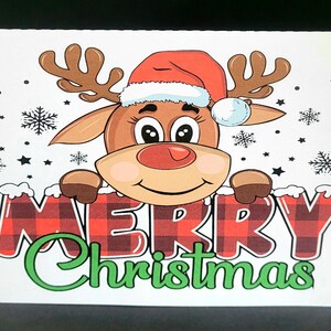 Carte de renne joyeux Noël, intérieur vierge, plaid de buffle, bois, flocon de neige, renne, rouge, blanc, vert, marron, neige