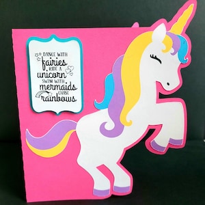 Carte d'anniversaire licorne, vierge à l'intérieur, fées, licornes, sirènes, arcs-en-ciel, mignon, rose