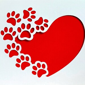 Carte coeur avec empreinte de patte, intérieur vierge, rouge, blanc, chien, chat, animal de compagnie, amour,