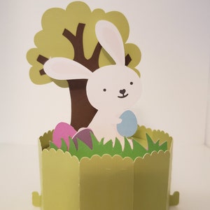Carte pop-up décagone lapin de Pâques. Blanc, Pâques, Lapin, Oeufs, Vert, Arbre, Tous âges, Morceau de manteau