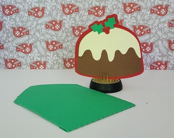 Christmas Holiday Plum Pudding Gift Card, Blank Inside, Holly, Icing Pudding, Cake,