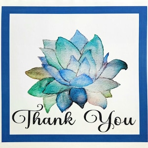 Cartes de remerciement aquarelle succulentes, vierges à l'intérieur, vert, bleu, bleu clair, violet, amis, famille,
