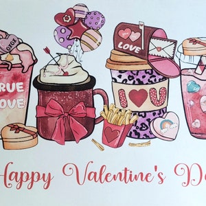 Carte de café Joyeuse Saint-Valentin, Intérieur vierge, Ballons postaux, Café, Tasse, Pailles, Amour, Coeurs, Frites Français, XOXO