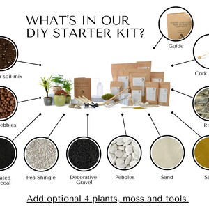 K&ouml;nnte beinhalten: Ein DIY-Terrarien-Starter-Set mit verschiedenen Materialien wie Erde, Kieselsteinen, Aktivkohle, Erbsen-Schindeln, Dekor-Kies, wei&szlig;en Kieselsteinen, Sand und einer Anleitung. Das Set enth&auml;lt au&szlig;erdem einen Korkstopfer und einen Stein.