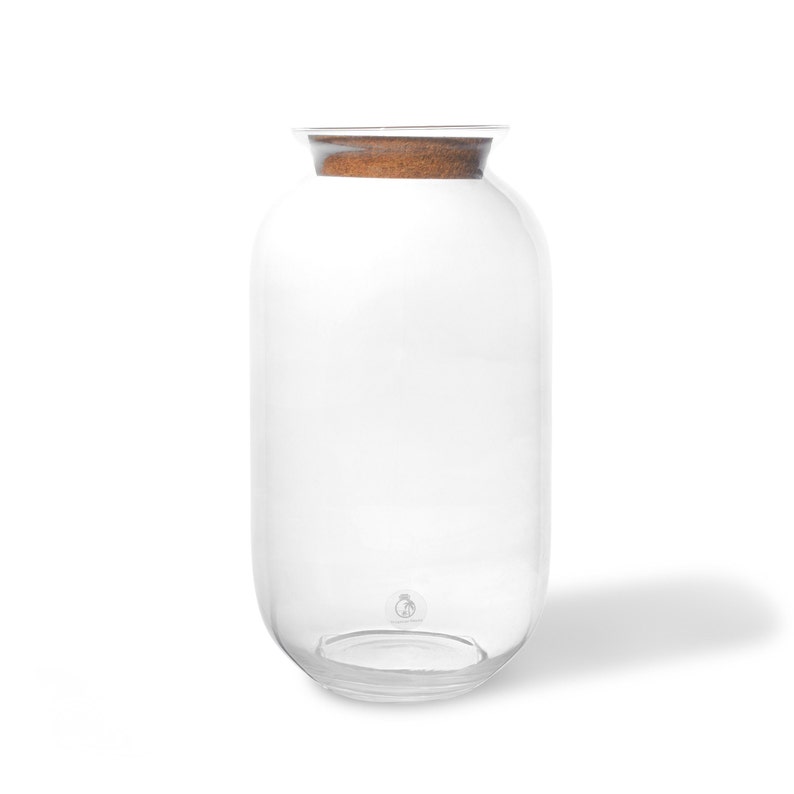 K&ouml;nnte beinhalten: Eine klare Glasvase mit einem Korkverschluss. Die Vase ist hoch und zylindrisch mit einem abgerundeten Boden.