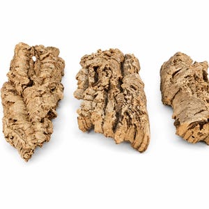 May include: Three pieces of natural cork bark with a rough, textured, and uneven surface. Each piece displays a light brown, woody colour with deep crevices, ridges, and a porous appearance, showcasing the organic, raw structure of the material.