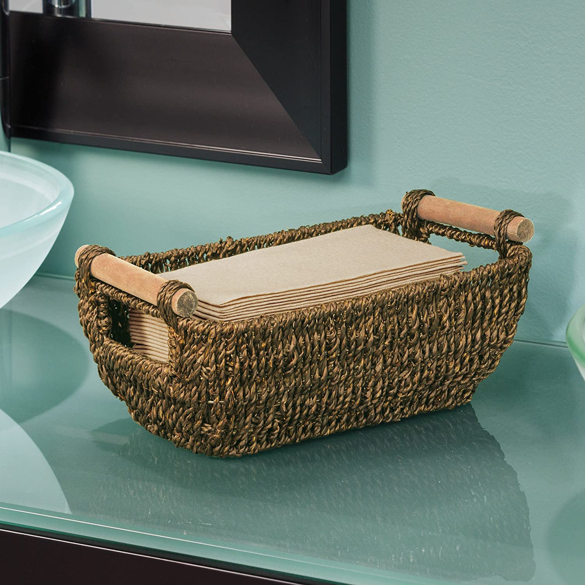 Best price Woven Seagrass Basket with Wooden Handles Small Etsy