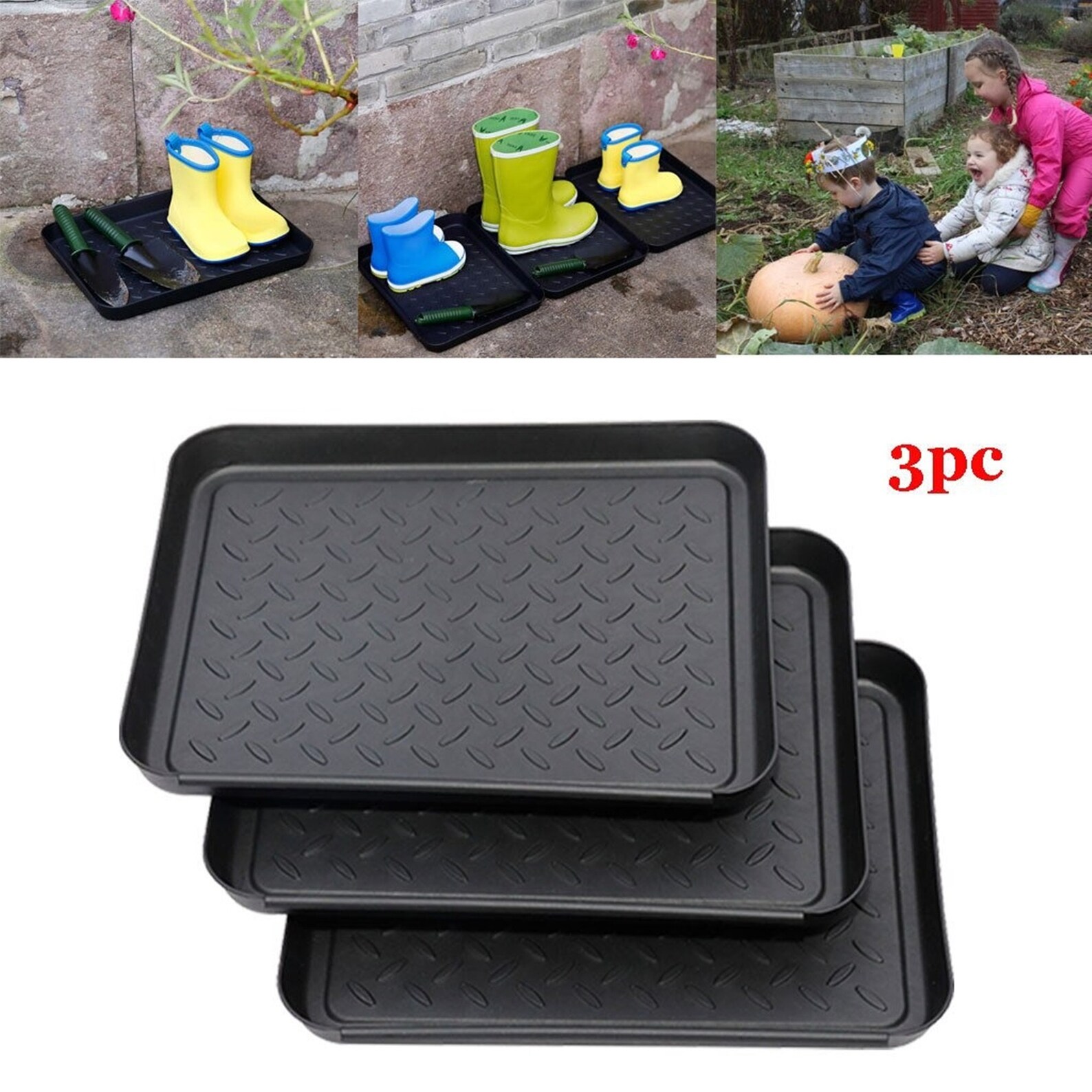 Home-Garden Mutl-Purpose Boot Mat Tray Indoor & Outdoor Waterproof Plastic Tray Shoe Tray Mat Pet Bowl Tray For Floor Protector Black, 3 Packs