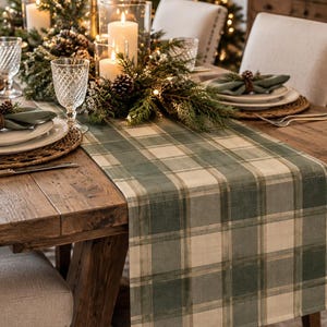 Olive Green Plaid Table Runner, Cream Tartan Farmhouse Christmas Dining Decor, 16x72 or 16x90