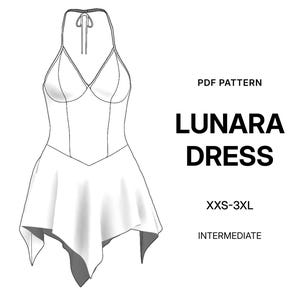 May include: A black and white line drawing of a halter-style dress with a pointed hemline. The text reads PDF PATTERN LUNARA DRESS XXS-3XL INTERMEDIATE. The design features a fitted bodice with a V-neckline and a flared skirt with uneven points.