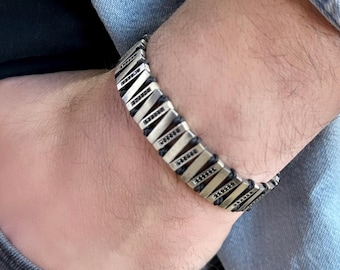 Men’s Zigzag Bracelet, 925 Sterling Silver Bars, Black Zircon, Adjustable Macrame Slider