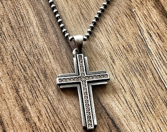 Sterling Silver Mens Cross Necklace: CZ Christian Pendant